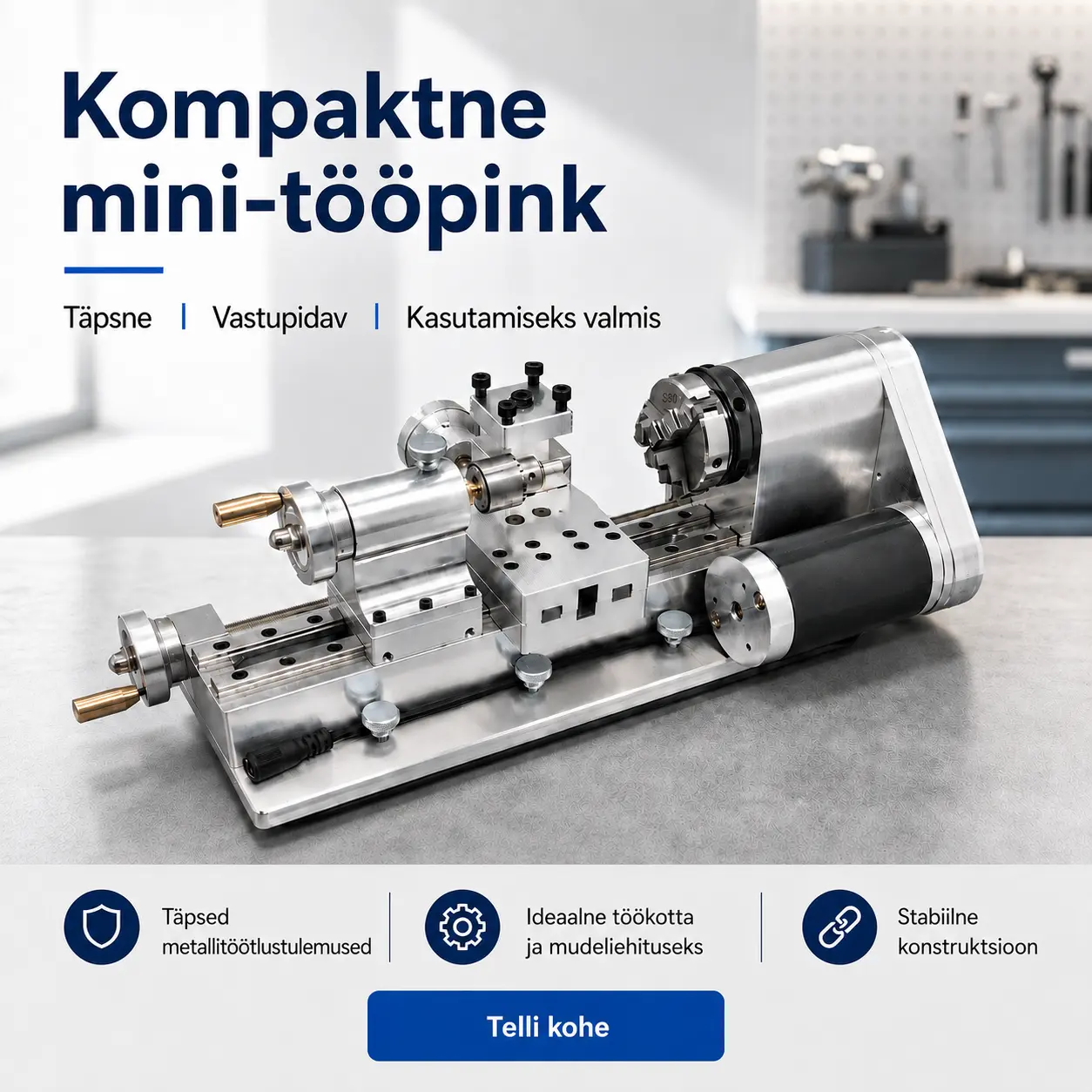 Lauapealne metallitreipink, pidevalt muudetav kiirus 0–2500 p/min, 750 W harjadeta mootor, metallist käigud
