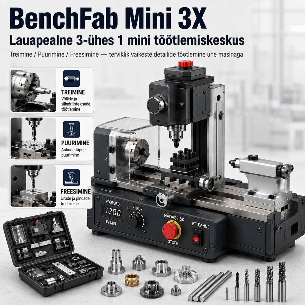 BenchFab Mini 3X – 3-ühes lauaminitööpink treimiseks, puurimiseks ja kergeks freesimiseks