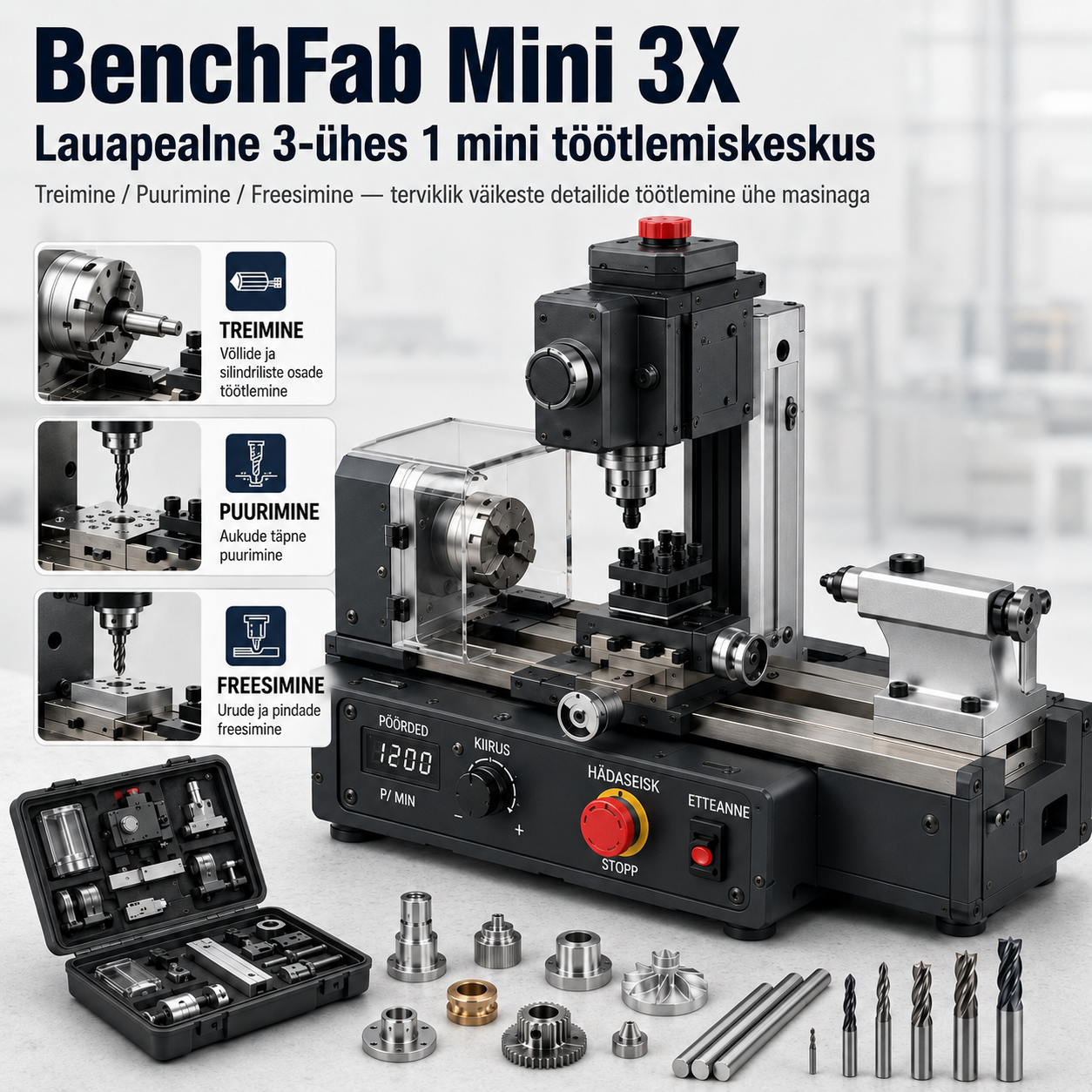 BenchFab Mini 3X – 3-ühes lauaminitööpink treimiseks, puurimiseks ja kergeks freesimiseks