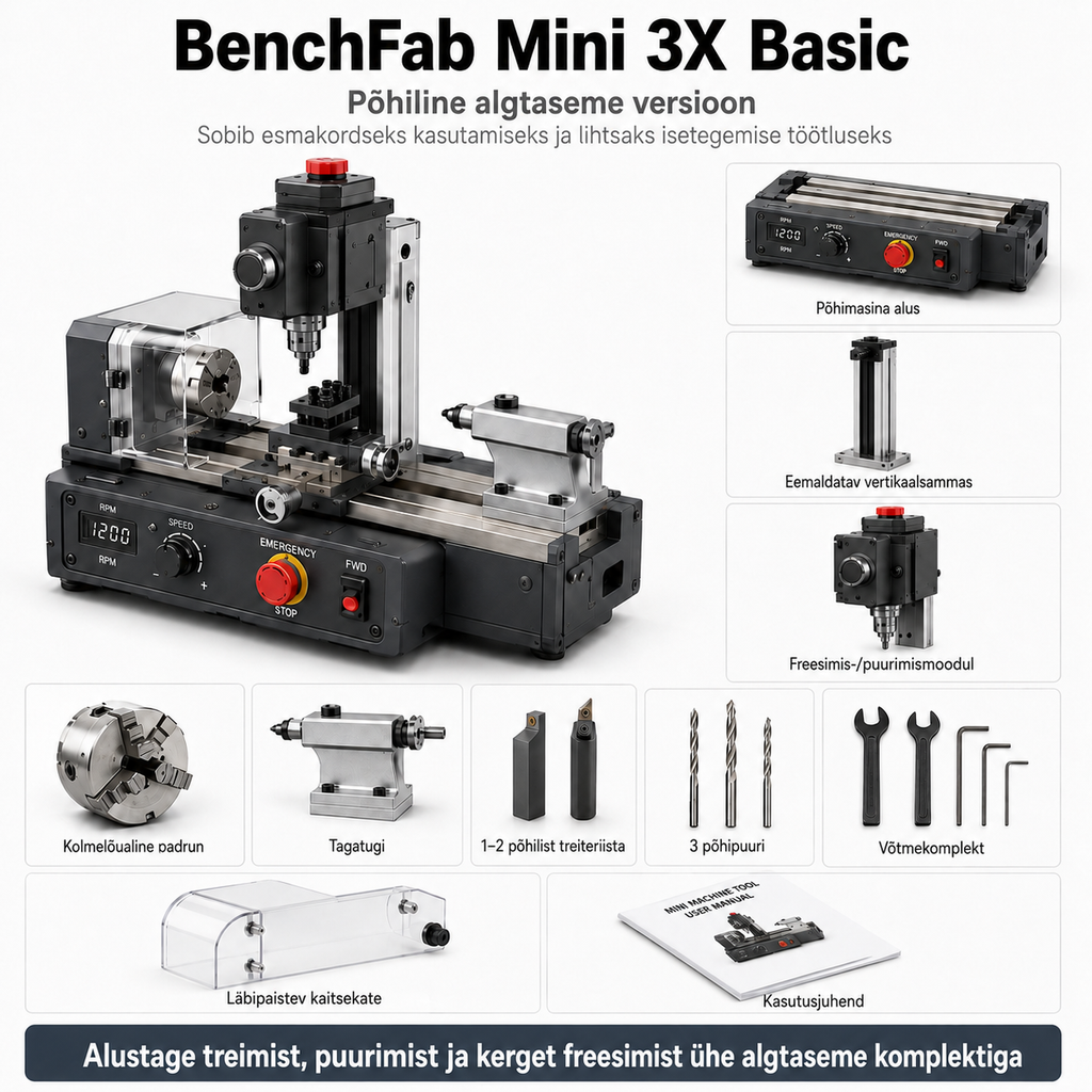 BenchFab Mini 3X – 3-ühes lauaminitööpink treimiseks, puurimiseks ja kergeks freesimiseks